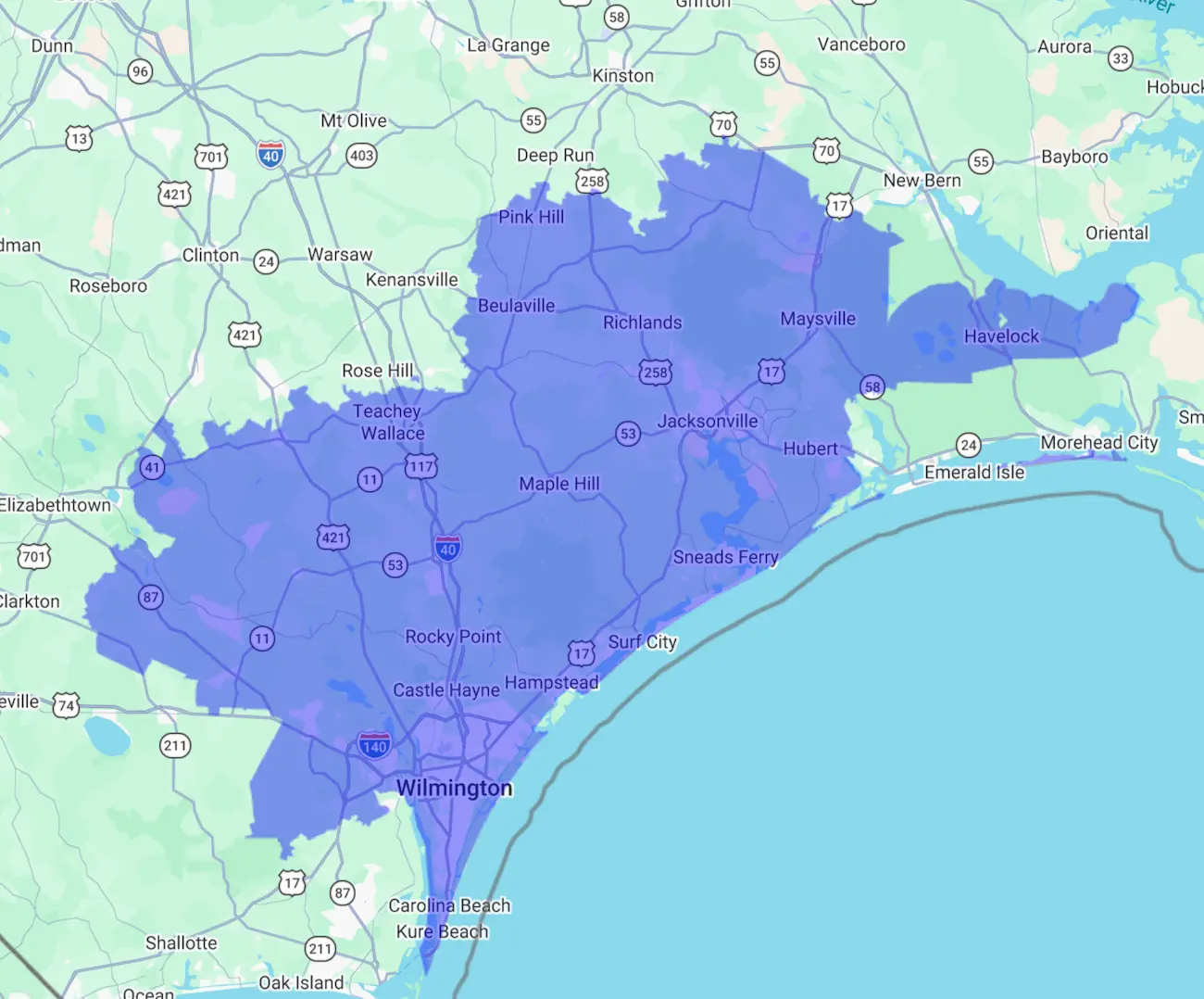 Service area of Leisure Pools Wilmington